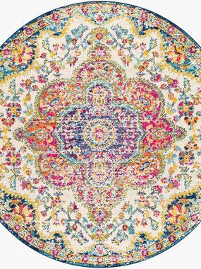 Area Rugs - 7ft Round Romaine Vintage Boho Fuchsia Mustard Blue Round Area Rug f